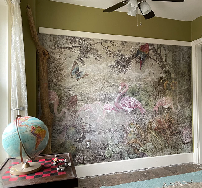 Reviewer image showcasing a vintage-style wall mural covering an entire living room wall, creating a stunning focal point.