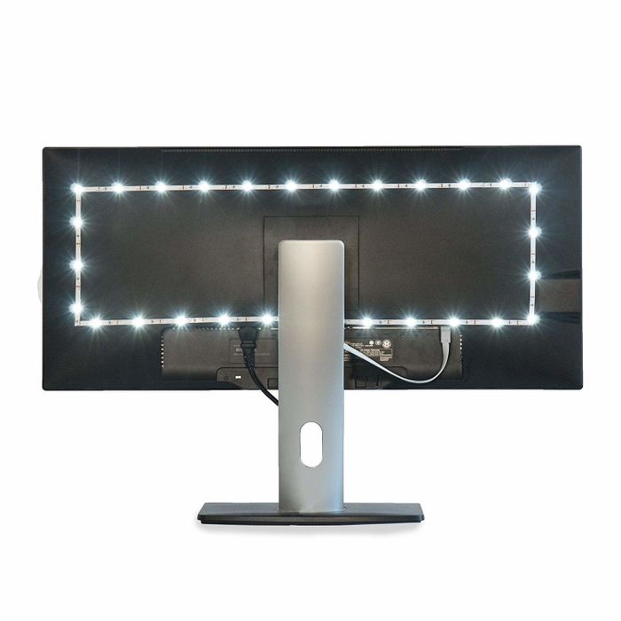 A close-up of the back of a TV with the LED light strip attached for ambient lighting.