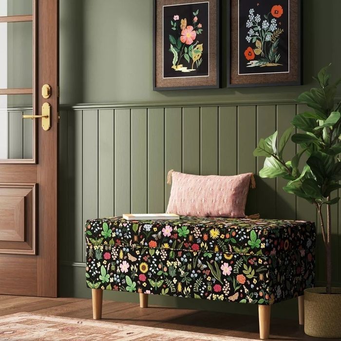 The patterned storage bench displayed in an entryway