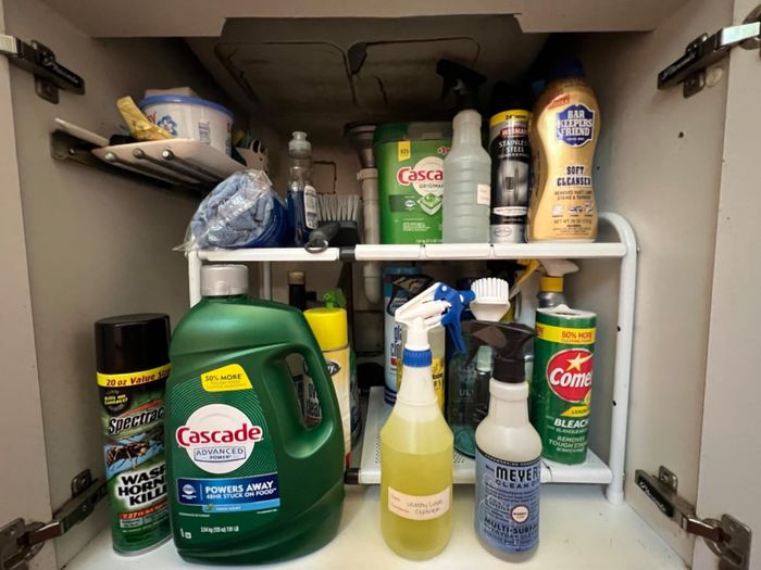 Various household cleaning products like detergents, sprays, and powders are stored neatly in a cupboard.