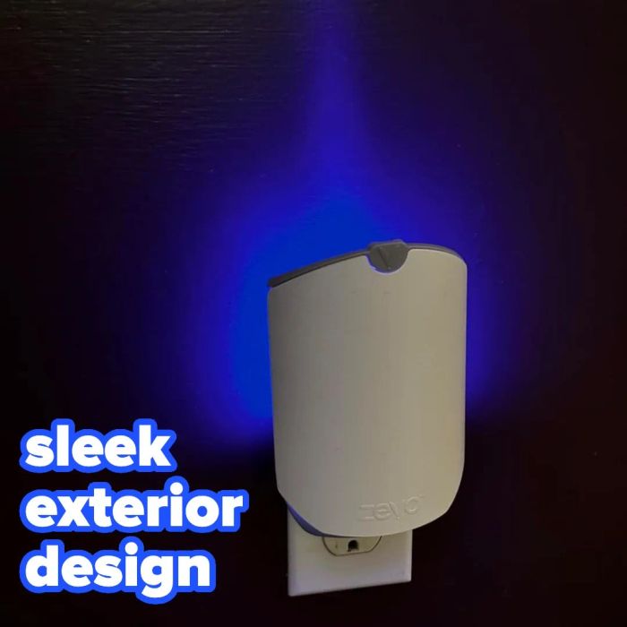 A sleek device plugged into an electrical outlet emits a blue light, with the text.