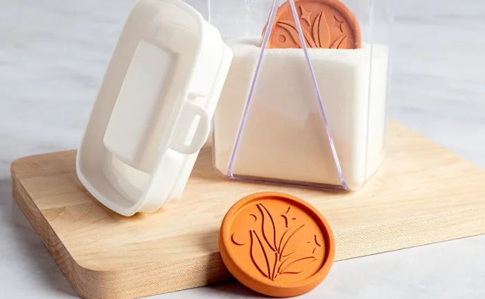 A photo of a terracotta disk with an embossed plant design, placed next to an open container of white sugar