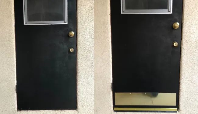 A customer review showing a before-and-after photo of their door with the kick plate installed