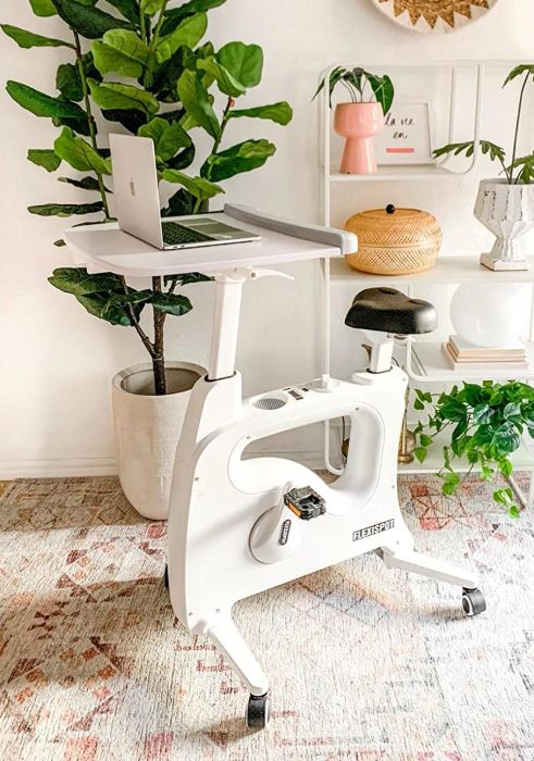 Another reviewer’s setup featuring the rolling desk bike with a laptop placed on top.