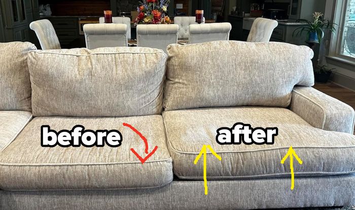 A couch with a cushion before, slouching and slipping off the couch, and the cushion next to it after, looking fresh and firm.