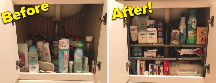 A before-and-after shot from the reviewer of a bathroom vanity cabinet, showing how much more organized the small space is with the adjustable organizer in place