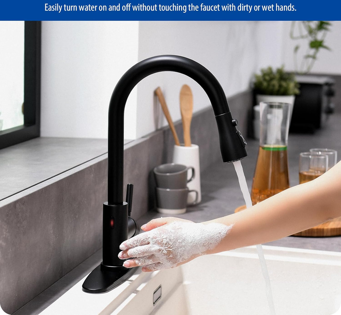 A touchless kitchen faucet showing hands-free operation with soapy hands, ensuring a clean and hygienic kitchen experience.