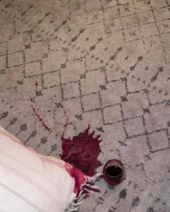 Red wine spilled on a light gray rug.