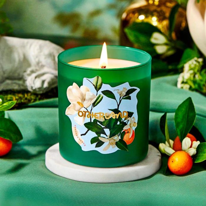 A scented candle in a stylish green jar adorned with a floral design, resting on a marble base, surrounded by delicate branches and fresh fruits.