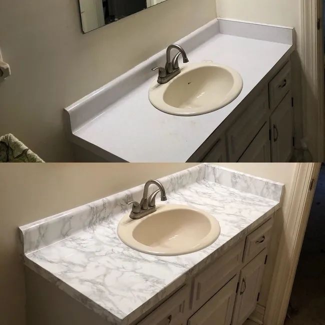 on the top, a reviewer's plain bathroom counter; on the bottom, the same counter now covered in marble film