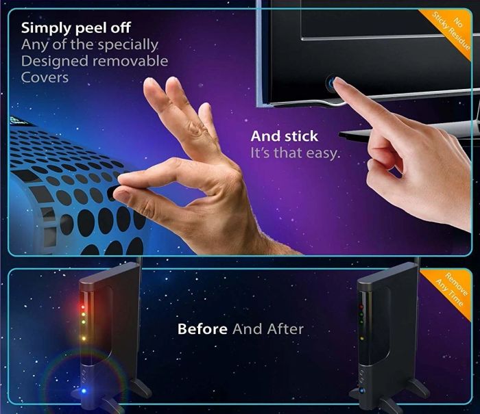 A graphic showing the transformation of a gaming console, with easy-to-apply removable covers, as hands demonstrate the peeling and sticking process