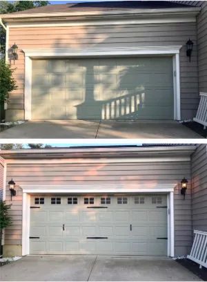 side-by-side comparison of a garage before and after applying the magnets, showcasing a much more luxurious appearance