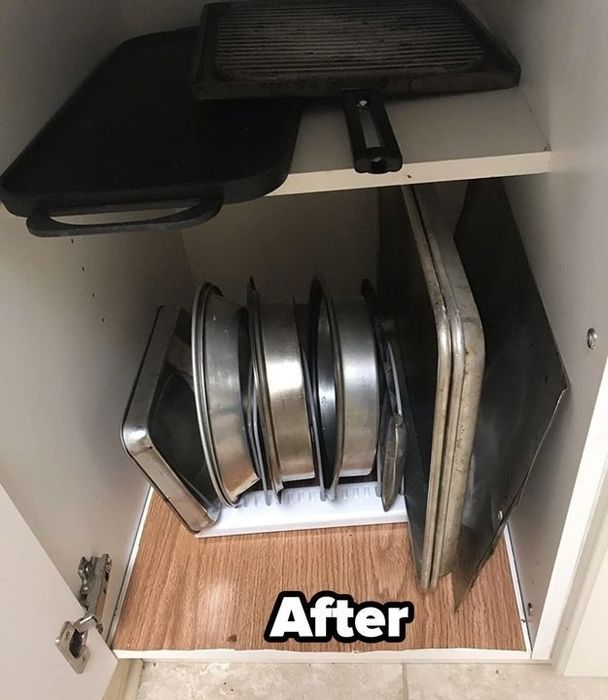 A reviewer photo of the same cabinet, now organized with the rack, and text reading