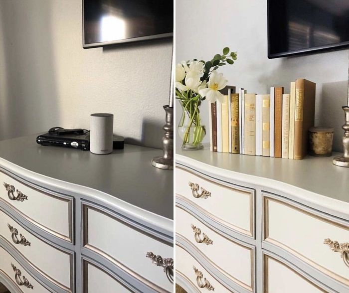A before-and-after showing how a stack of gold and tan books cleverly hides a Wi-Fi box and an Alexa device