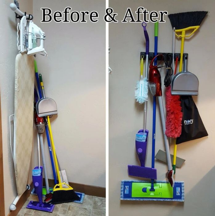 A before-and-after shot of a reviewer’s broom and cleaning tools on the floor, then neatly organized by the new rack