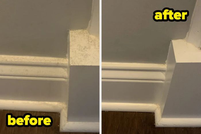 A before-and-after comparison showing a reviewer's baseboards, once covered in dust, now spotless