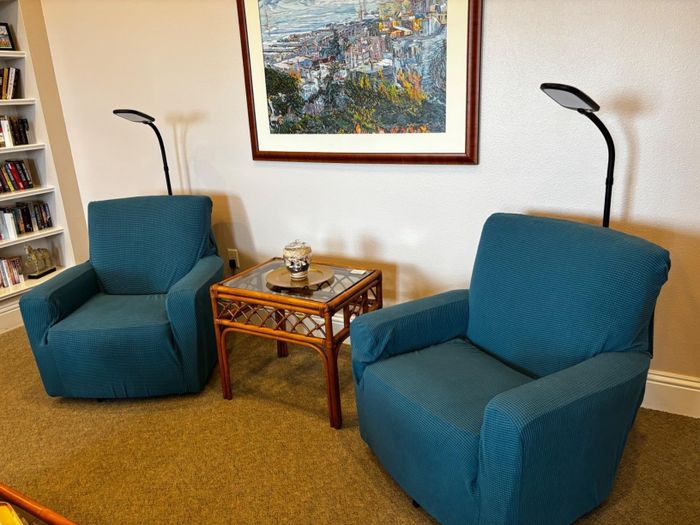 Two teal armchairs with modern reading lamps sit next to a wicker table, while a framed artwork hangs above them. In the background, bookshelves are partially visible.
