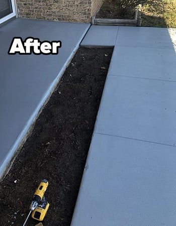 A reviewer photo of the same sidewalk after being coated with slate gray paint, labeled