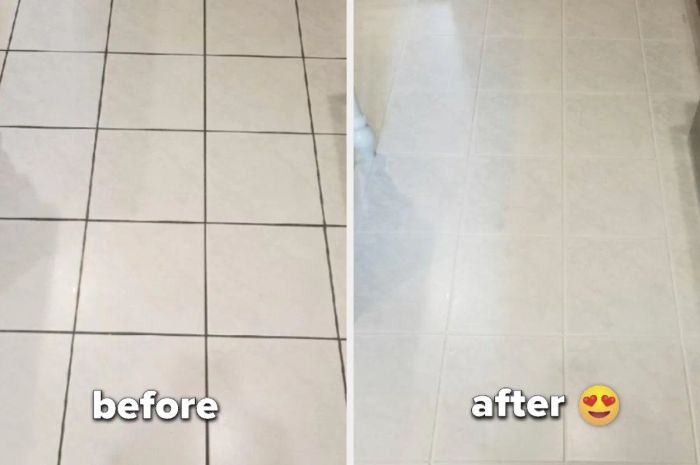 A customer review showing a before-and-after photo of their tiled floor, first featuring dirty grout and then completely restored to pristine white grout.