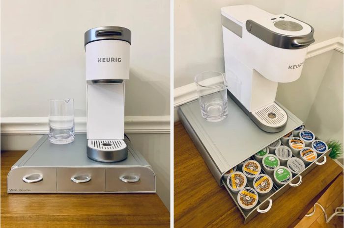 Left: front view of the reviewer's Keurig machine resting atop a gray storage drawer. Right: overhead view showing the same drawers now opened, revealing the neatly stored K-Cups inside.