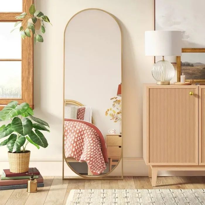 Full-length mirror next to a cabinet in a bedroom setting, with a visible plant and lamp