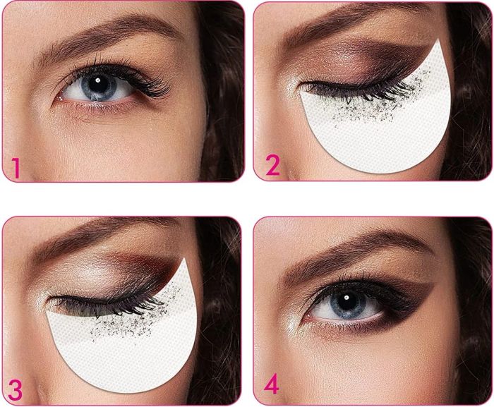 A step-by-step visual of an eyeshadow look using the shields to collect any excess makeup that falls beneath the eye
