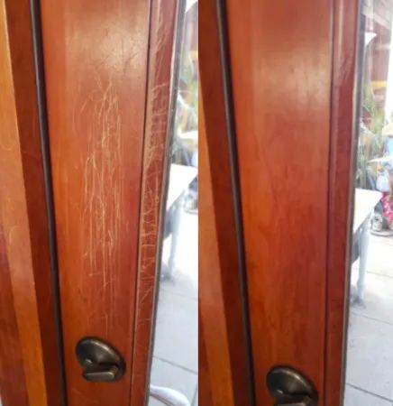 A customer before-and-after image showing a door that was once scratched, and then perfectly restored to its original state