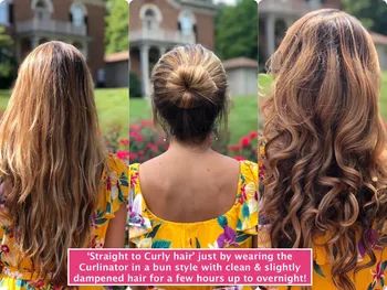 A three-image sequence showing a person with straight hair, then in a neat bun, and finally with bouncy curls