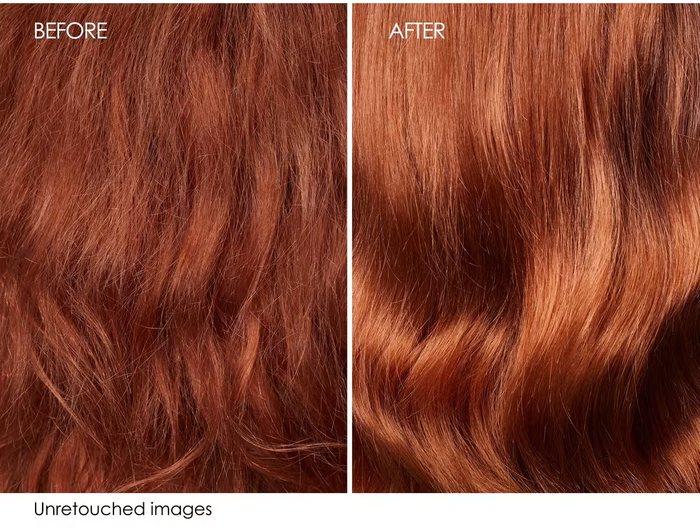 A hair care routine featuring before and after results with Sezzy's products, showcasing noticeable improvements in shine and texture.