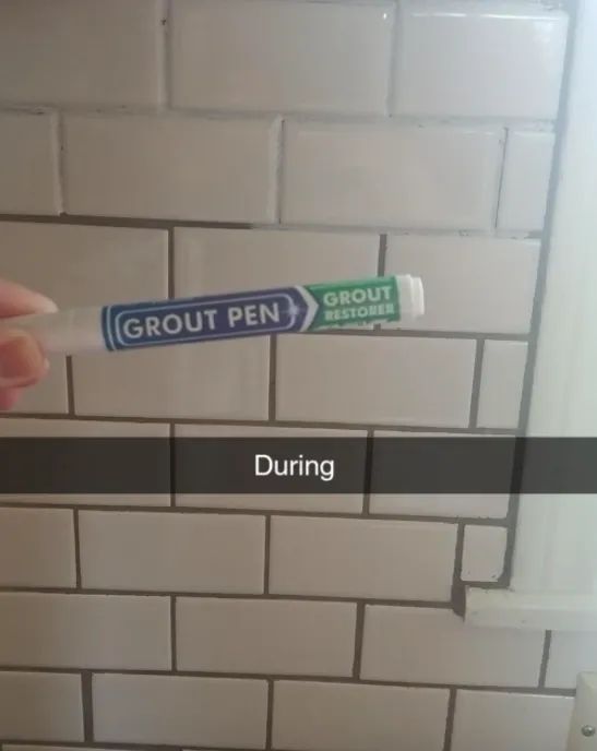 A customer review photo documenting the progress of cleaning the grout on their kitchen backsplash using the grout pen.