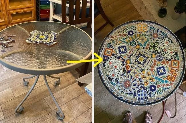 DIY table transformation: before and after. A simple glass-top table turned into a vibrant mosaic masterpiece.