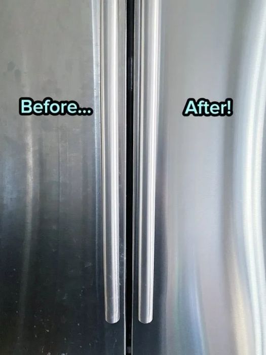 A before-and-after photo showing a stainless steel fridge, with one door covered in streaks and fingerprints, while the other gleams without any marks after being cleaned with the stainless steel cleaner.