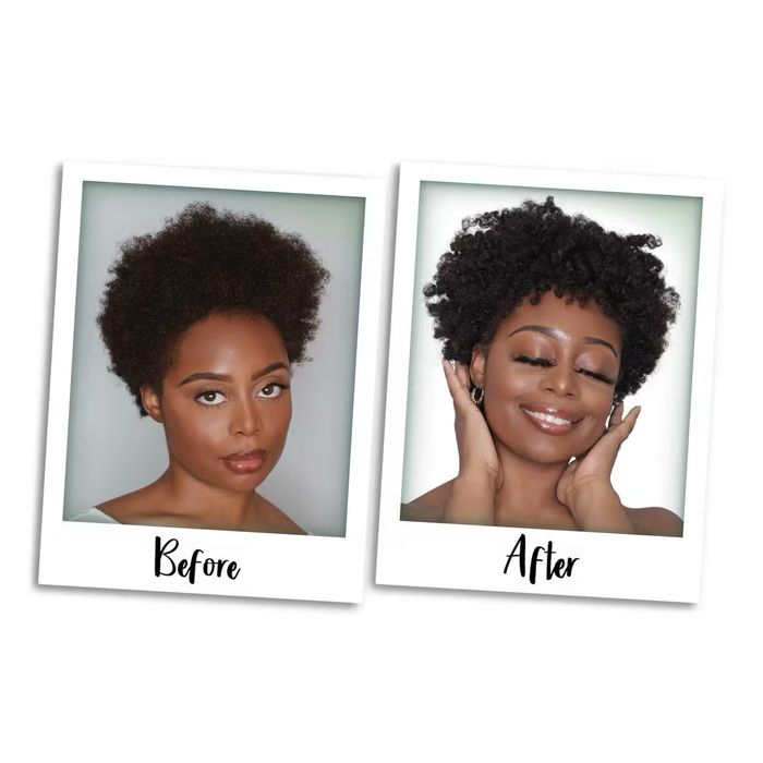 Before and after hairstyle transformation; left: short afro, right: styled curly hair with a person smiling.