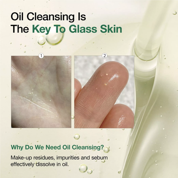 Image showing close-up of oil on skin, with captions explaining how oil cleansing works to remove makeup, impurities, and excess sebum, promoting a glass-like finish to the skin