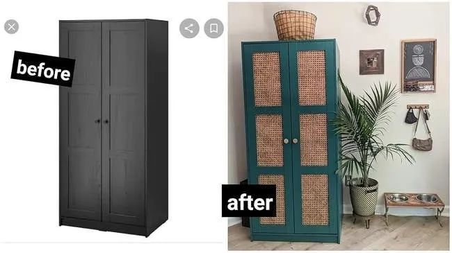 A black cabinet before and a stylish green upgraded version with wicker panels after. The décor includes a plant, a basket, and a beautiful wall arrangement.