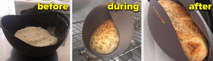 A three-step process for making bread using this bread maker: The first image shows the dough, the second shows it in the oven, and the third is the final loaf, perfectly baked.