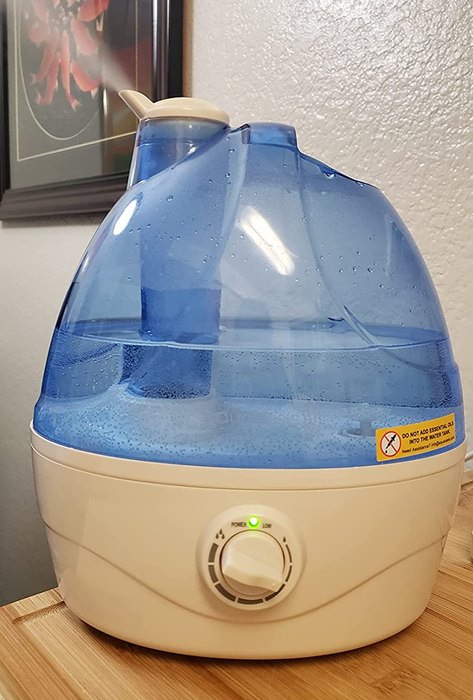 A reviewer’s photo of the humidifier releasing steam