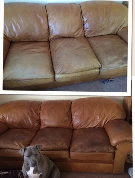 reviewer's leather couch looking worn and dull, followed by a brightened, refreshed version after applying the leather conditioner
