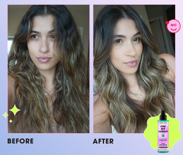Before-and-after photos of a person using a 10-in-1 leave-in spray for hair, showing smoother, shinier results