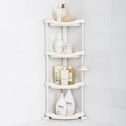 A four-tier shelf placed in the corner of a shower.