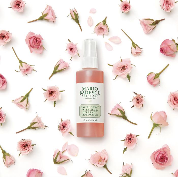 Bottle of pink rosewater and aloe facial spray