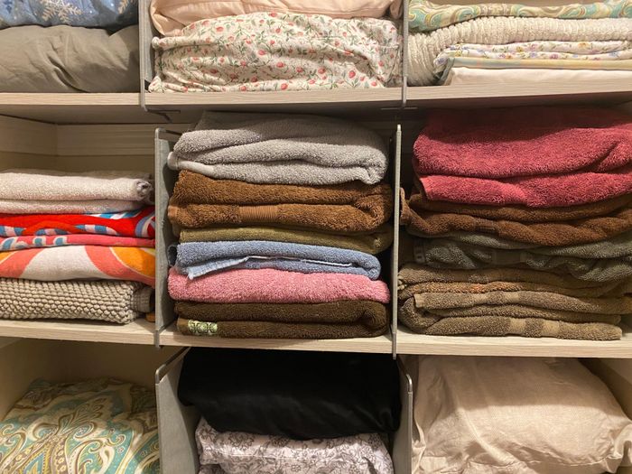 Reviewer’s closet shelf neatly arranged with dividers