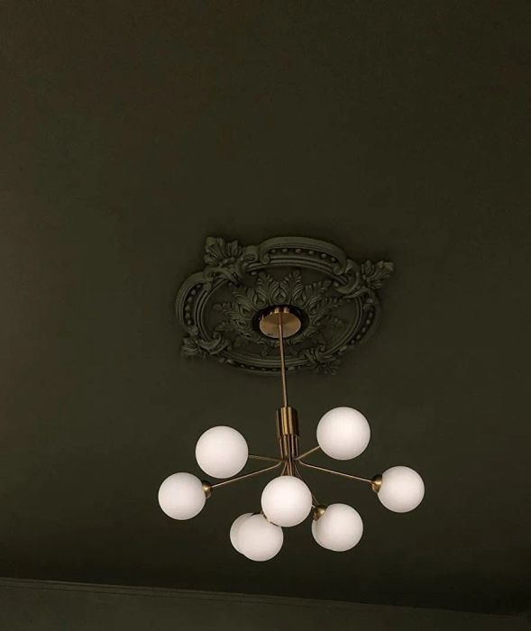 A reviewer shows a ceiling medallion installed and painted dark green to complement the ceiling's color.