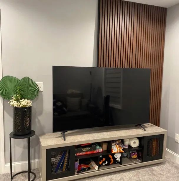 A modern living room with a flat-screen TV on a stand, surrounded by shelves with books, toys, and decor, and a small table adorned with plants.