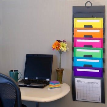 A hanging organizer mounted on the wall.