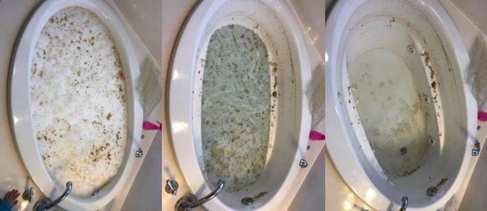 A collection of customer photos showing the sludge coming out of their jetted tub after using the cleaner.