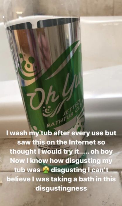 A customer review photo of the 'Oh Yuk' Jetted Tub Cleaner with a note on how, despite regular cleaning, their tub was still filled with shocking grime.