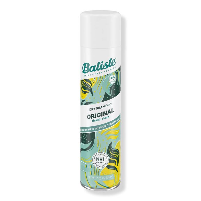 Batiste Original Dry Shampoo can, with its eye-catching packaging. It promises no dryness, is suitable for all hair types, and is a top-rated product.