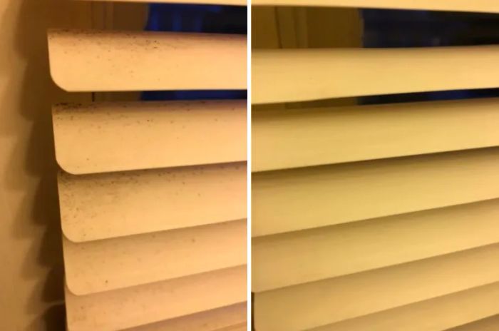A before-and-after customer review photo showing their blinds before and after cleaning