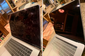 A reviewer’s before and after photos: a dirty, smudged laptop screen vs. a clean, pristine display